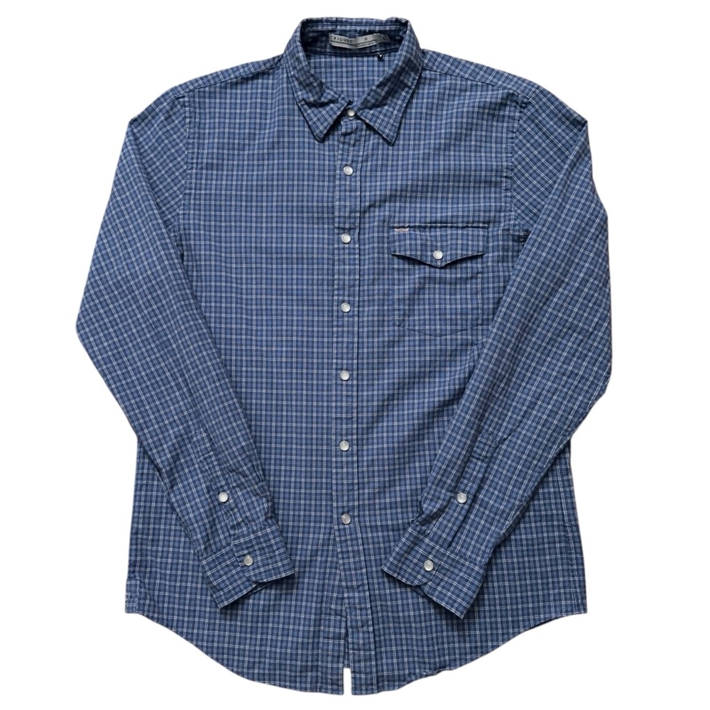 Criquet Shirt Mens Size M Long Sleeve Snap Button Performance Stretch Plaid Blue